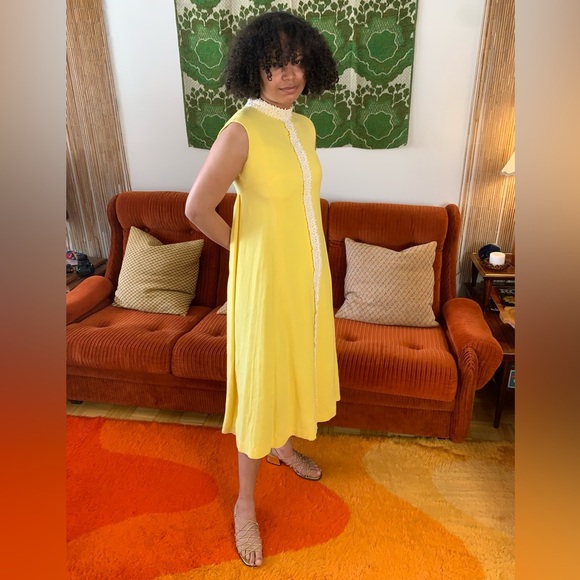 60s vintage yellow cotton swiss dot cotton midi dress - Picture 1 of 6